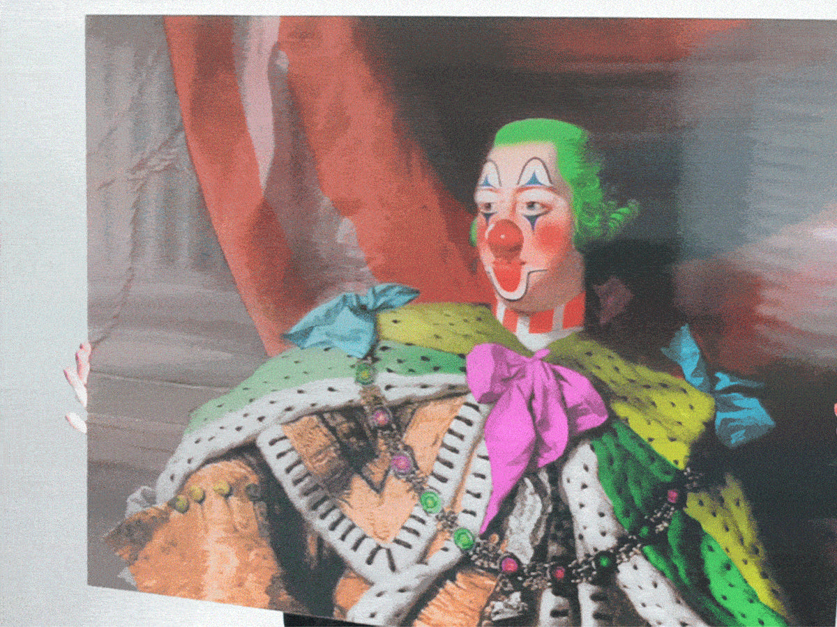 A person holds a 3D lenticular poster that shifts between two images when tilted. The transition reveals a humorous transformation of a regal figure into a clown with exaggerated makeup and a green wig.