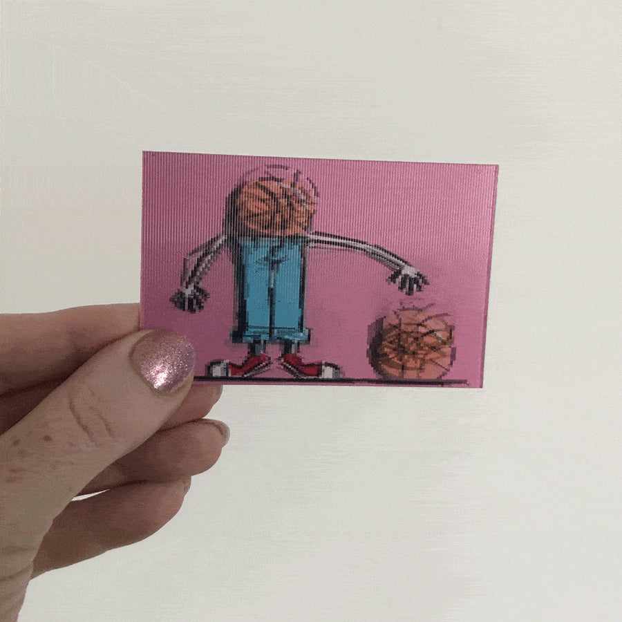 Hand holding a lenticular card showing an animated figure lifting weights on a pink background.